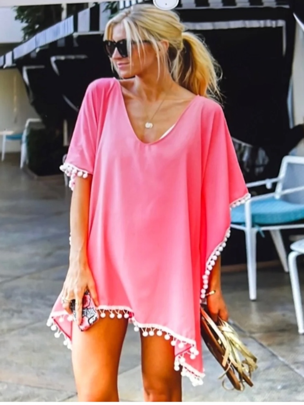 Adreamly Coral Swimsuit Coverup / Poncho W/ Pom-Pom Trim Size Medium